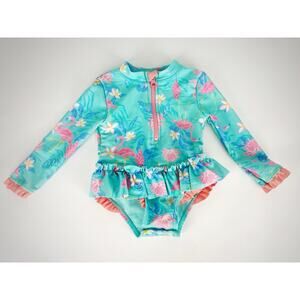 Tommy Bahama Baby One Piece Bathing Suit Long Sleeve Sz 12M Flamingo Bow Ruffles